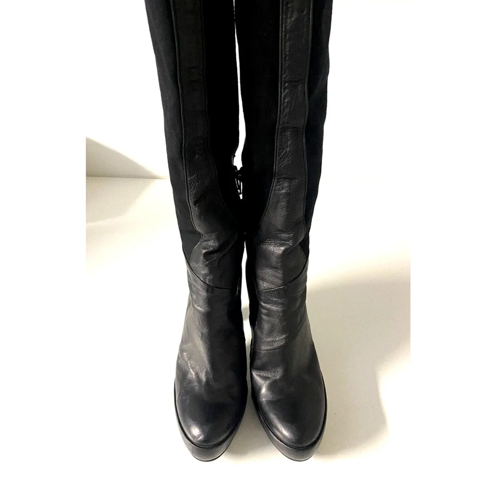 IXOS Boot Tall Over The Knee Leather Platform Stretch Fabric Black Zip 4…